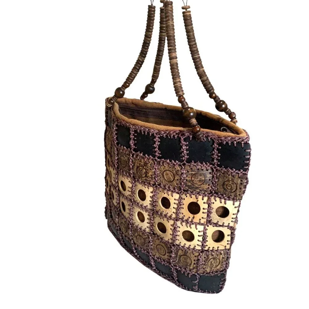 Handcrafted Boho‎ Patchwork Shoulder Bag Beaded Straps & Unique Coconut Shells